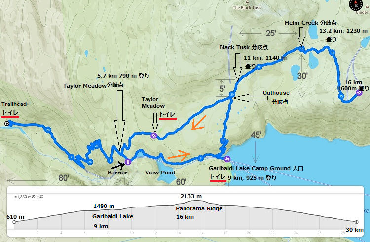 パノラマリッジ Panorama Ridge ハイキングルートマップと標高データ