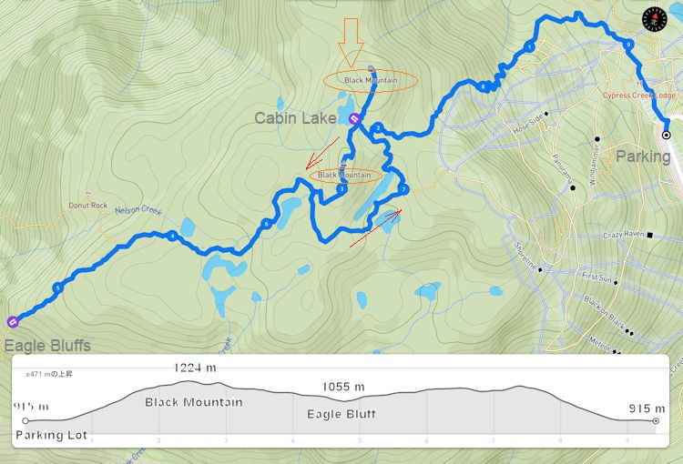 イーグルブラフ Eagle Bluff までのルートマップと標高データ