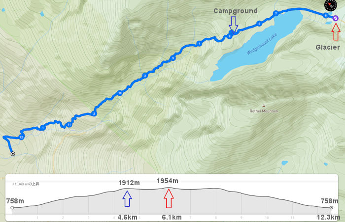 ウェッジマウントレイク　Wedgemount Lake ルートマップと標高データ