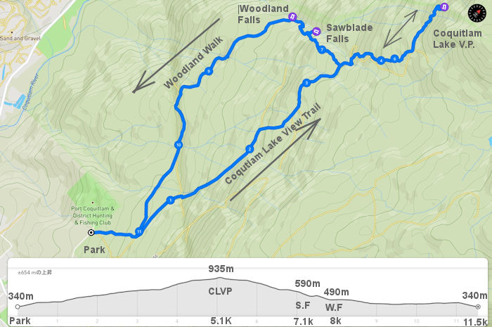 コキットラムレイク展望台からソーブレイド滝とウッドランド滝ルートマップと標高データ