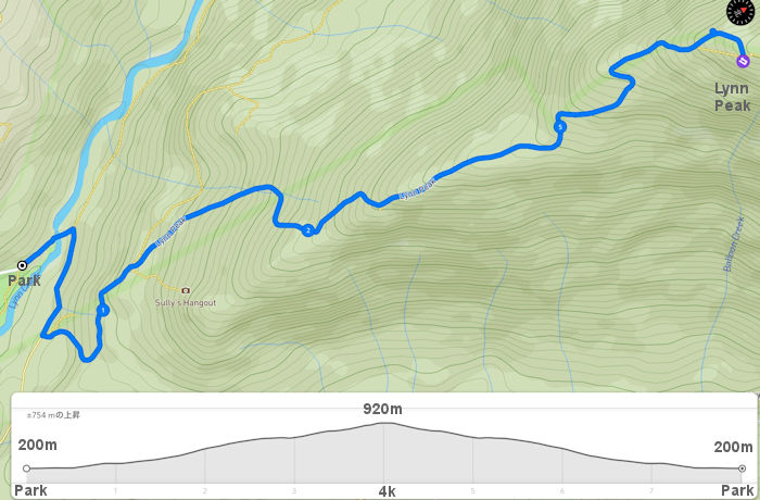 リーンヘッドウォーターズ地区　リーンピーク Lynn Peak のルートマップと標高データ