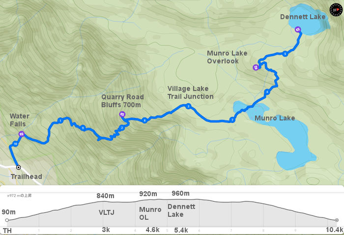 クワーリーロード出発マンローレイクとデネットレイクのルートマップと標高データ