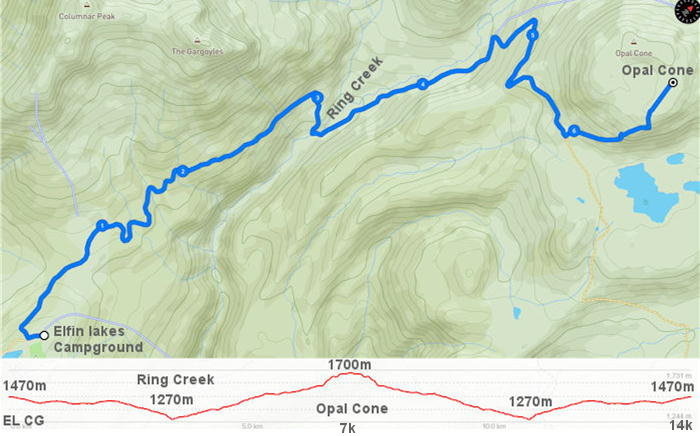 エルフィンレイクキャンプ場からオパールコーンまでのルートマップと標高データ