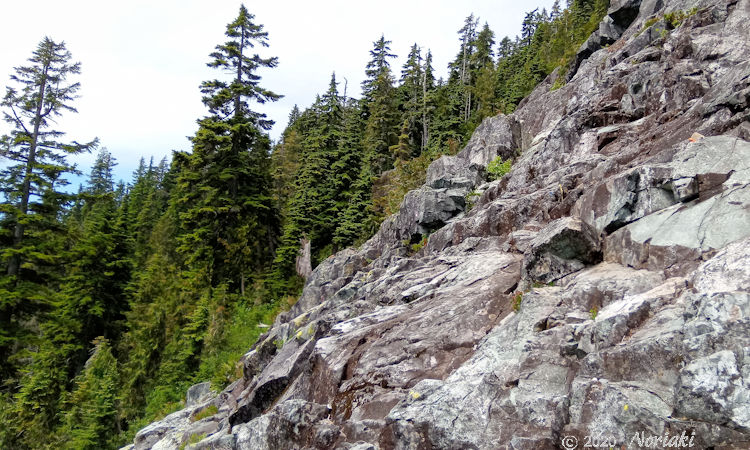 急勾配の登り箇所　岩にペイント表示なので分かりにくい。