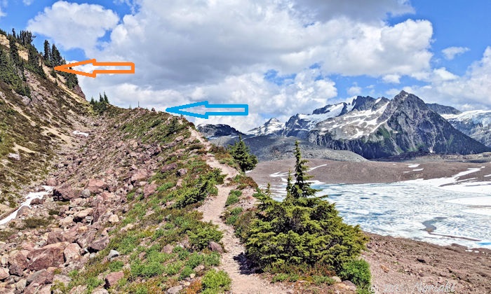 青色の途中の狭い尾根とオレンジ色の崩れやすい急斜面