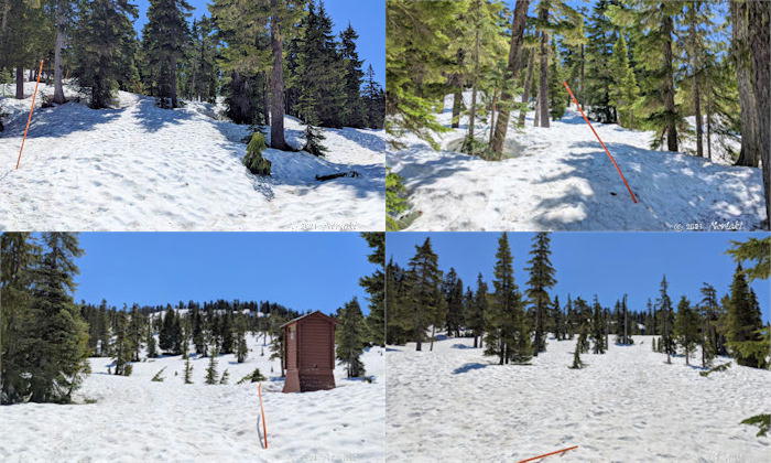 冬場トレイルにポールの目印がある様子　写真4枚