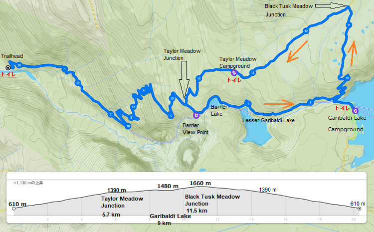 ガリバルディレイク　Garibaldi Lake ハイキングルートマップと標高データ