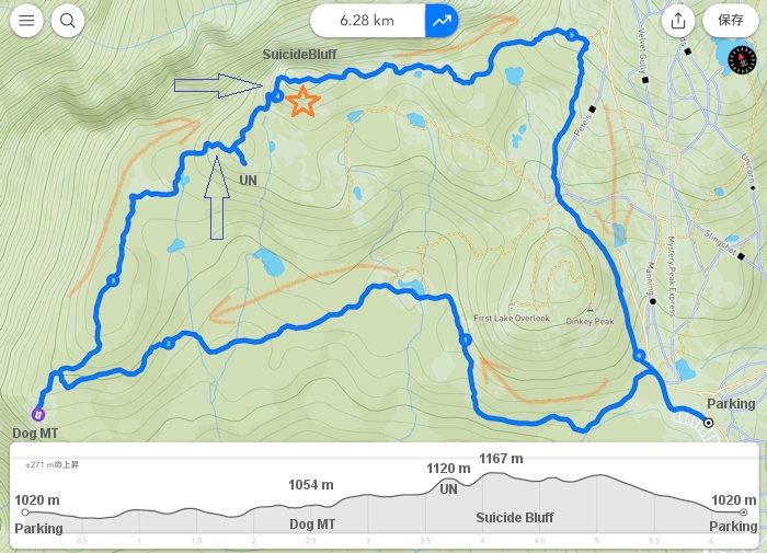 ドッグマウンテン経由の スーサイドブラフ　ループルートと標高データ